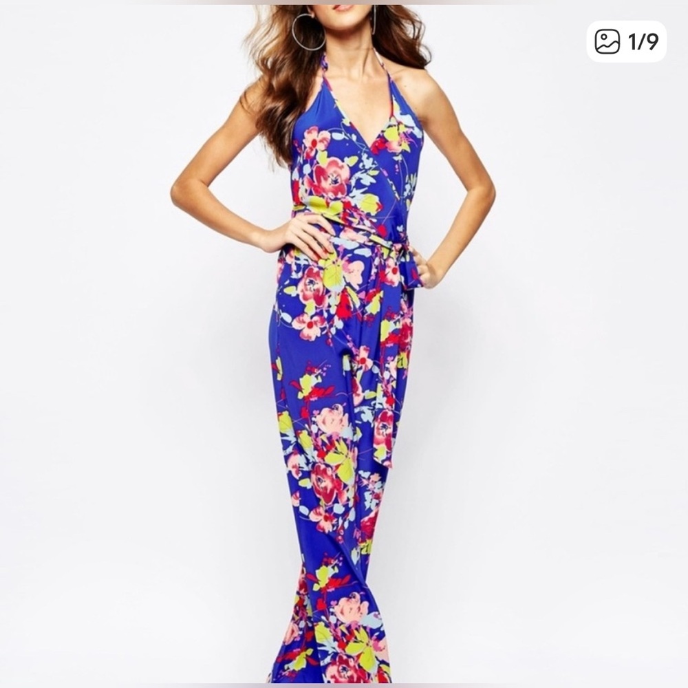 Yumi Kim Teal and Pink Floral Jumpsuit, 100% Silk, size M - Picture 9 of 10